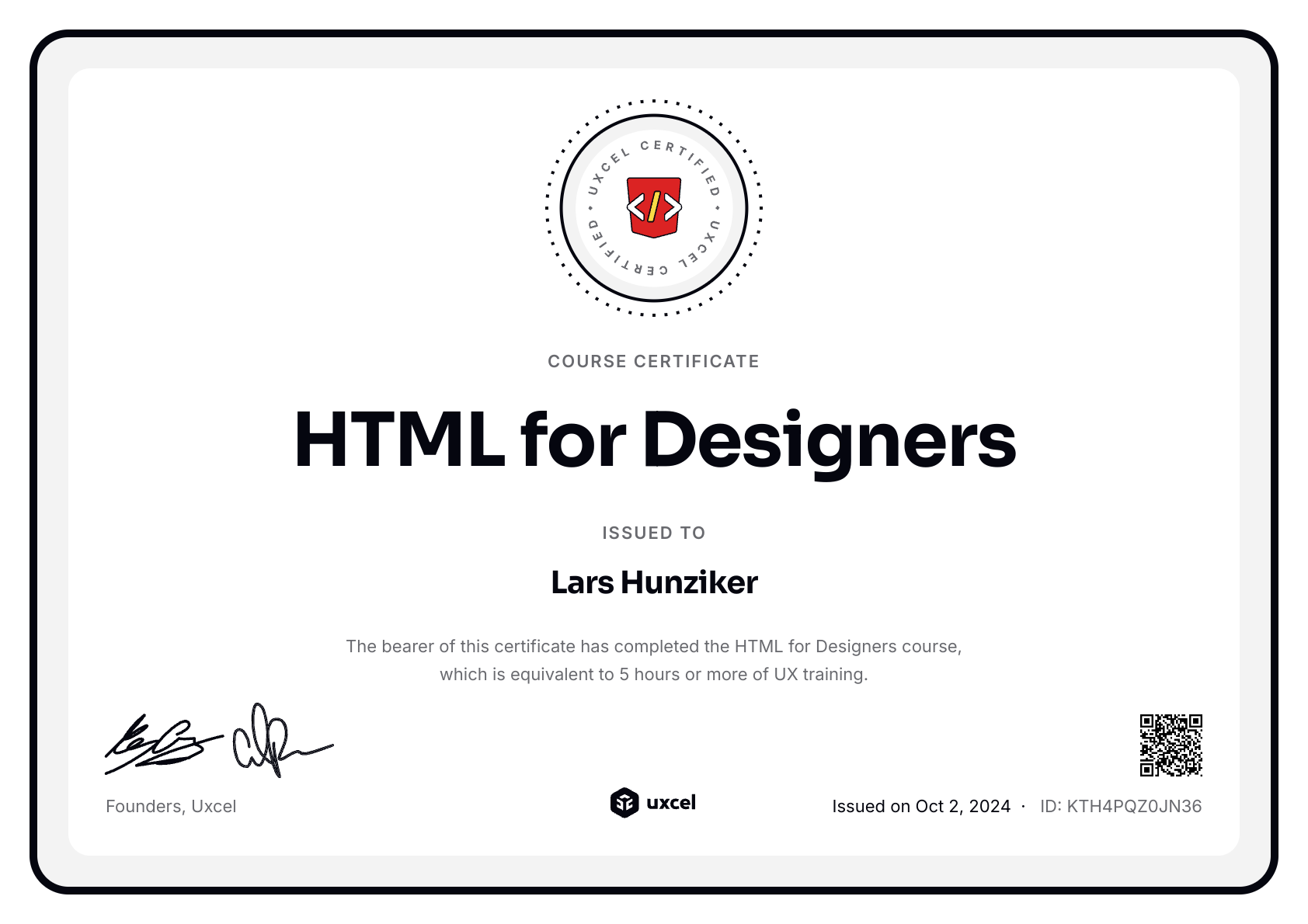 Lars Hunziker's certificate